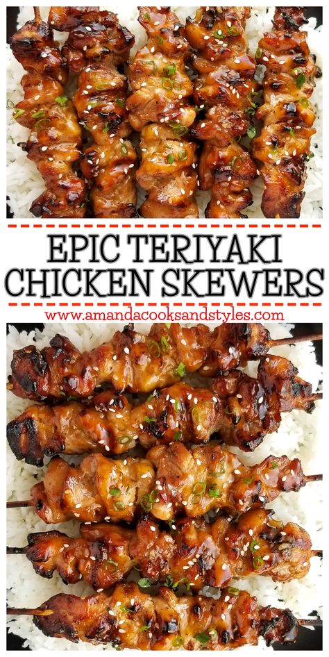 Epic Teriyaki Chicken Skewers – The most delicious marinated teriyaki chicken grilled to perfection and finished with a delicious teriyaki sauce. Marinated Teriyaki Chicken, Teriyaki Chicken Grilled, Teriyaki Chicken Skewers, Teriyaki Recipe, Chicken Grilled, Avocado Dip, Kabob Recipes, Makanan Diet, Chicken Skewers