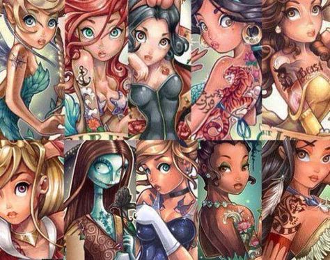 Disney princesses Tim Shumate Illustrations, Tim Shumate, Disney Pin Up, Disney Punk, Disney Princess Tattoo, Punk Disney, Princess Tattoo, Dark Disney, Twisted Disney