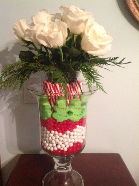 Christmas Peeps Ideas, Floating Holiday Candles With Candy Canes And Pearls, Christmas Peeps Centerpiece, Easter Peeps Centerpiece Vase, Marshmallow Peeps, Christmas Vases, Red Hots, Red Candy, Christmas Decorations