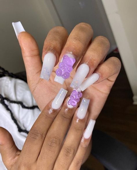 nail page ig : @barbiesnailsss White Nails With Gummy Bear, White Nails Acrylic Charms, White Nails With Bear Charm, Nails Acrylic Coffin Long Baddie Purple, Long Nails With Bear Charm, Sweet 16 Nails, Acrylic Nail Designs Coffin, Bears Nails, Cute Acrylic Nail Designs