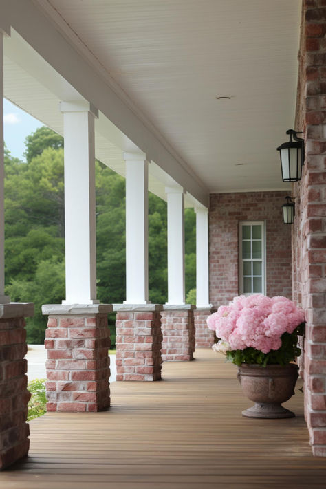 40 Stylish Farmhouse Porch Column Ideas for a Welcoming Front Yard Brick Columns Porch Farmhouse, Round Front Porch Columns, Round Columns On Front Porch, White Farmhouse With Stained Columns, Brick Columns Porch, Thick Porch Columns, Porch Column Ideas, Front Porch Pillars, Porch Pillars