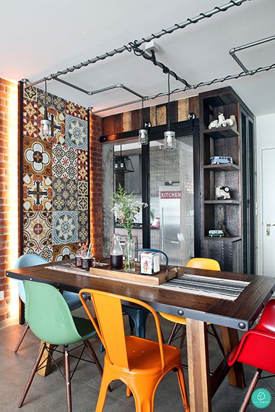 Colorful Dining Room Ideas, Boho Dining Room Ideas, Eclectic Industrial Decor, Dining Room Colorful, Colorful Dining Room, Eclectic Industrial, Boho Dining Room, Eclectic Dining Room, Eclectic Dining