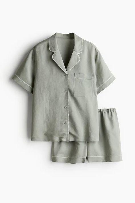 Linen Blend Pyjama Set - Light khaki green - Ladies | H&M AU 5 Jumper Skirt, Shirt And Shorts, Blouse Jeans, Women Nightwear, Blazer And Shorts, Fancy Dress Costumes, Suit Accessories, Pajama Shirt, Pajama Shorts