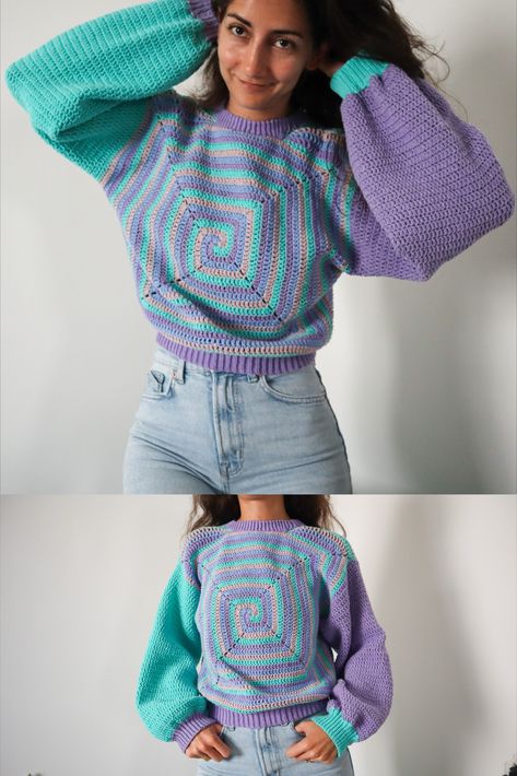 Vintage Crochet Sweater Patterns Free, Crochet Sweater Big Sleeves, Color Block Crochet Sweater Pattern, Crochet Swirl Granny Square, Giant Granny Square Cardigan, Spiral Crochet Sweater Pattern, Giant Granny Square Sweater, Crochet Panel Sweater, Crochet Granny Square Sweater Layout