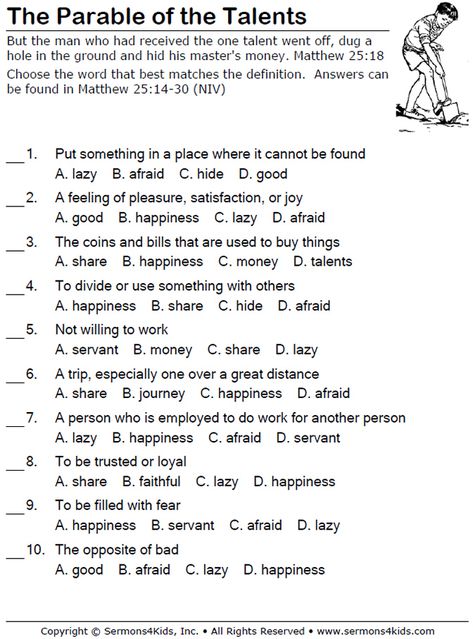 The Parable of the Talents - Multiple Choice Quiz Parable Of The Sower For Kids Object Lessons, Parable Of The Great Banquet, Parable Of Talents Activity, Parable Of The Talents Coloring Page, Parable Of The Sower For Kids, Bible Parables, Youth Bible Lessons, Free Bible Printables, Parable Of The Talents