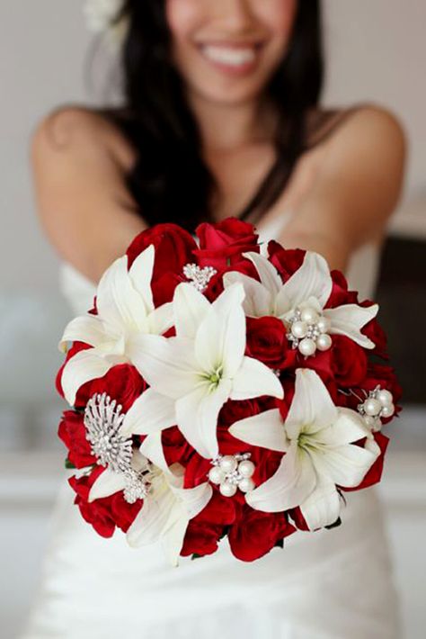 Wedding Bouquet Ideas And Inspiration And#8211; Peonies, Dahlias, and Lilies ❤ See more: http://www.weddingforward.com/wedding-bouquet-ideas-inspiration/ #weddings Red And White Weddings, Wedding Brooch Bouquets, Wedding Themes Winter, Bride Bouquets, Red Wedding, Wedding Themes, Future Wedding, Winter Wedding, Bridal Bouquet