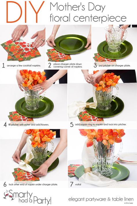 DIY Mother's Day Floral Centerpiece | www.SmartyHadAParty.com Centerpiece Tutorial, Diy Floral Centerpieces, Diy Mother's Day, Party Projects, Floral Centerpiece, Mother's Day Diy, Happy Mother, Do It Yourself Projects, Charger Plates