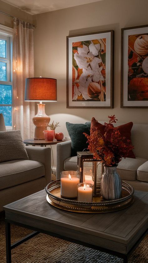 Cozy Fall Decor Ideas: Get ready to snuggle up with these 20 autumn-inspired decorating tips, from rustic porch decorations to warm centerpiece ideas. Create a welcoming atmosphere in your home this season! Check it out and start decorating! Fashion Decor Bedroom, Coffee Table Decor Living Room, Autumn Living Room, Fall Room, Fall Coffee Table, Casa Halloween, Boho Halloween, Fall Living Room, Cozy Fall Decor