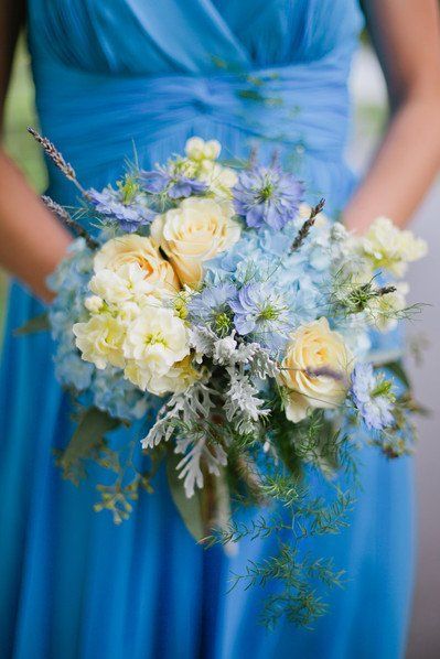 Pale pastel blues and butter yellows. Very spring like. Farm Wedding Ceremony, Yellow Bouquets, Summer Wedding Bouquets, Blue Wedding Flowers, Blue Themed Wedding, Blue Bouquet, Yellow Wedding, Blue Bridesmaids, Bouquet Of Flowers