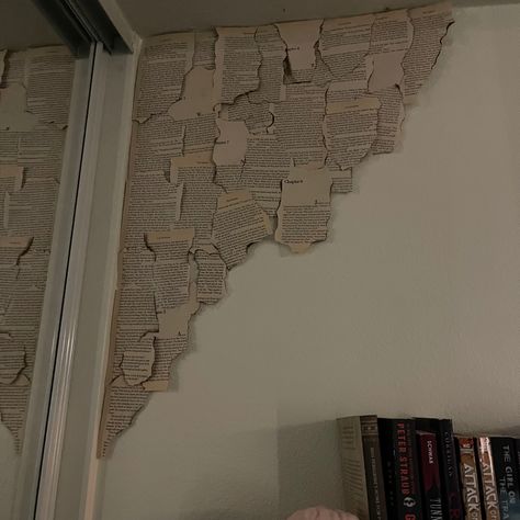 Diy Room Decor With Book Pages, Book Wall Inspiration, Room With Book Pages On Wall, Book Pages On Ceiling, Wall Book Pages Decor, Book Page Poster Wall Decor, Pages From Books On Wall, Book Pages On Wall Bedroom Corner, Book Page Canvas Art