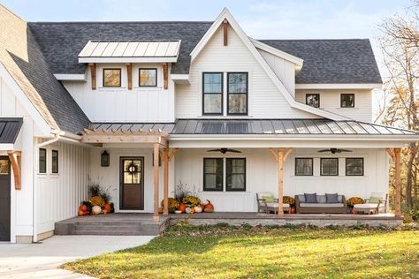 Brick House With Black Metal Roof, Shingles And Metal Roof Combination, Shingle And Metal Roof Combination, White House Black Roof Wood Accents, White House Black Metal Roof, White Siding Black Roof, Metal And Shingle Roof Combination, Front Door Styling, Farmhouse Exteriors