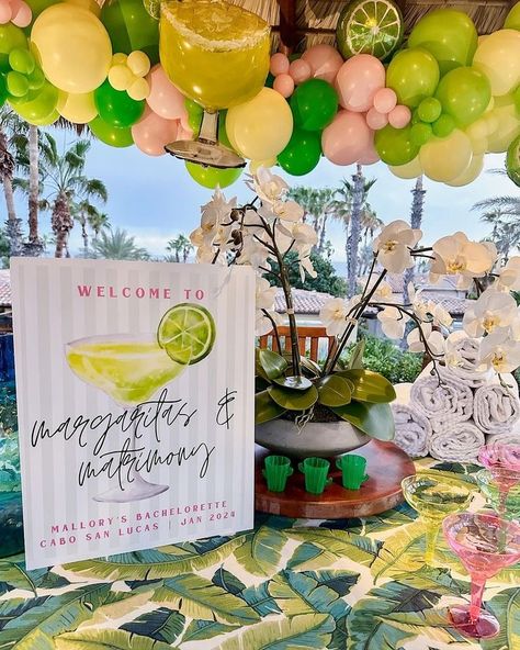 50th Birthday Margarita Theme, Bachelorette Party Themes Pearls, Margarita Theme Birthday Party Ideas, 21st Fiesta Theme Party, Margs And Matrimony Balloon Garland, Margarita Hens Party, Bachelorette Party Themes Margarita, Bachelorette Party Ideas Margaritas, Bridal Shower Margarita Theme