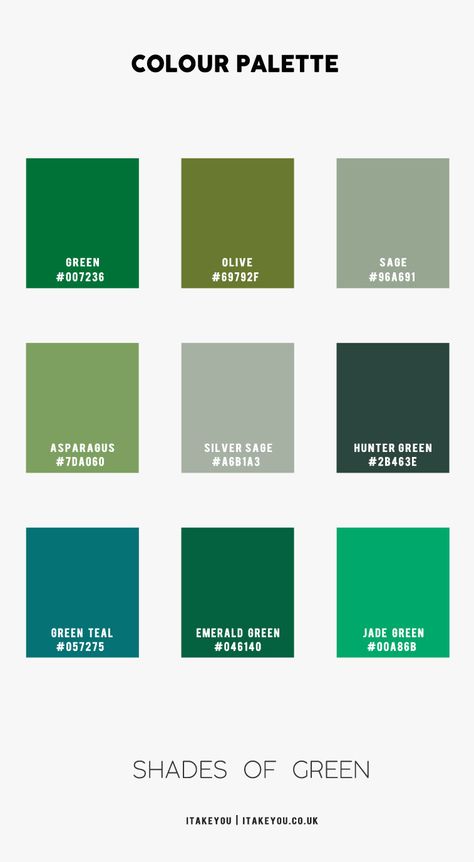 Green Color Family, Green Color Names Shades, Types Of Green Color Shades, Green Shades Colour Palettes, Green Wedding Colour Scheme, Green Colour Shades, Green Pallet Color, Green Wedding Theme Ideas, Wedding Colors Green