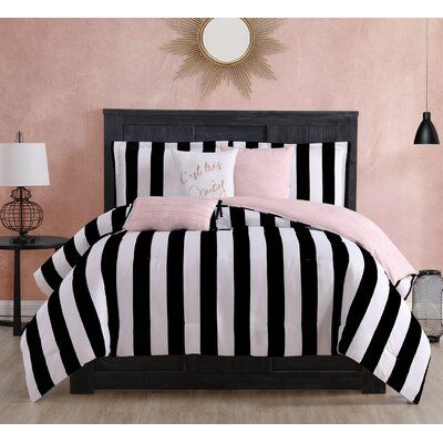 Juicy Couture Striped 6 Piece Reversible Comforter Set | Wayfair Stripe Bedding, Dec Pillows, Reversible Bedding, Reversible Comforter, Black Bedroom, Ruffle Bedding, Twin Comforter, Reversible Duvet Covers, Comfortable Bedroom