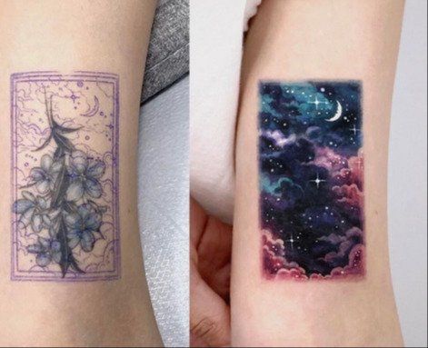 18 Tattoos That Were Saved By Talented Artists Tatuaje Cover Up, Cover Up Tattoos For Women, Cosmic Tattoo, Best Cover Up Tattoos, Learn To Tattoo, Wrist Tattoo Cover Up, Black Tattoo Cover Up, Framed Tattoo, Flower Wrist Tattoos