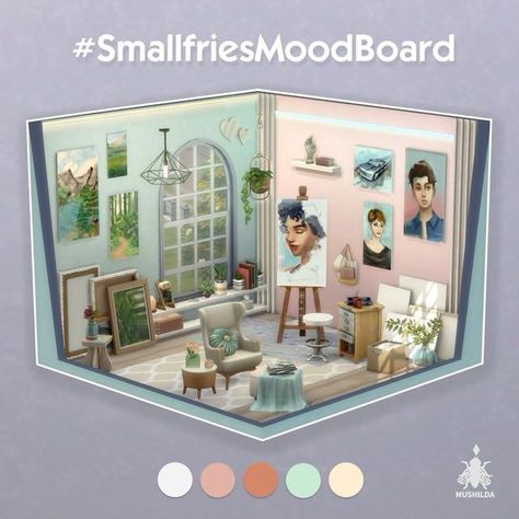 Sims 4 Art Gallery Ideas, Sims 4 Art Room Ideas, Sims 4 Room Challenge, Sims Studio House, Bedroom Aesthetic Artist, Sims 4 Artist Room, Sims 4 Shed Ideas, Sims 4 Bedroom Ideas No Cc Base Game, Sims 4 Craft Room