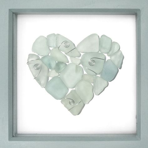 Pebble Projects, Seaside Craft, Sea Glass Jewelry Diy, Seaglass Ideas, Framed Collage, Sea Glass Artwork, Heart Mosaic, Sea Glass Art Diy, Sea Glass Mosaic