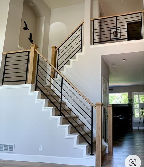 Industrial Staircase Railing, Railing For Indoor Stairs, Stair Rail Update, Stair Railing Ideas Half Walls Open Staircase, Modern Newel Posts For Stairs, Easy Railing For Stairs, Installing Stair Railing, Hand Rail For Stairs Indoor, Black And Wood Stair Railing