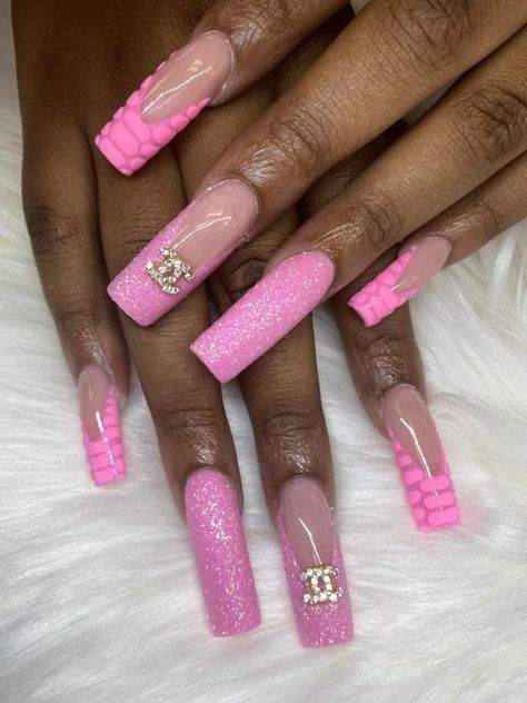 Chanel Charm Nails, Pink Chanel Nails, Pink Nails With Charms, Chanel Charm, Turquoise Nails, Chanel Nails, Long Square Acrylic Nails, Pink Chanel, Square Acrylic Nails