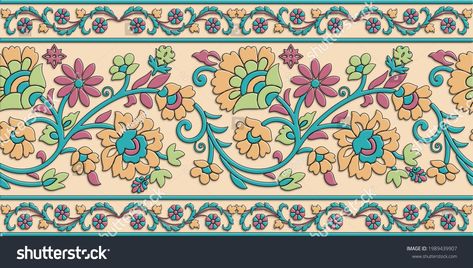 Seamless Colorful Floral Textile Pattern Tile Stock Illustration 1989439907 | Shutterstock Flower Lace Border, Digital Border, Design Pattern Art, Floral Textile, Pattern Tile, Building Illustration, Border Rugs, Borders Design, Print Design Pattern