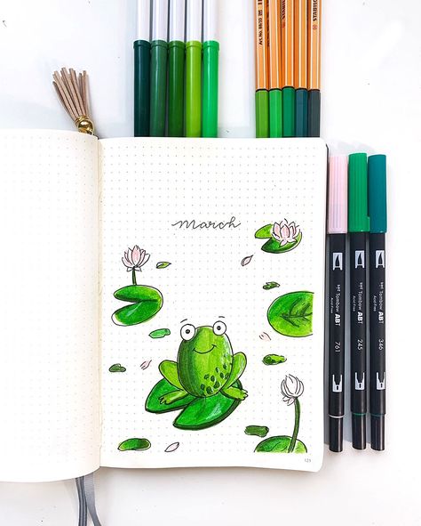 Lily pad and frog inspired cover page for March. March Cover Page, Monthly Bujo, Bujo Themes, March Bullet Journal, Bullet Journal Monthly Spread, Frog Theme, Bullet Journal Ideas Templates, Bullet Journal Notebook, Bullet Journal Themes