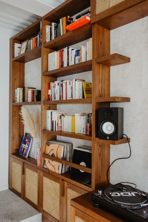 This South of France Home Reminds Us Why We Love French Style Shelves That Look Like Built Ins, South Of France Interior, Home Bookshelf Ideas, Built In Record Shelves, Living Room Shelving Unit, Vintage Built In Bookshelves, Bookcase Around Tv, Wood Built In Bookshelves, Wall Units Living Room Built Ins