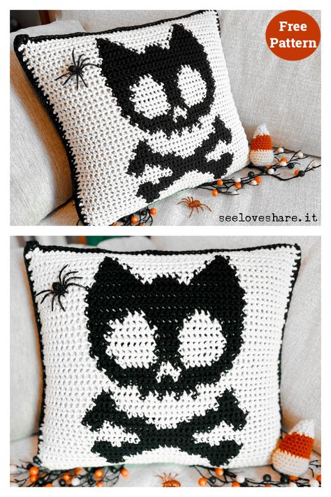 Halloween Cat Skull Pillow Free Crochet Pattern Creepy Cute Crochet, Halloween Doily, Crochet Spooky, Crochet Halloween Patterns Free, Crochet For Fall, Goth Crochet, Crochet Halloween Patterns, Crochet Pillow Patterns Free, Cute Crochet Patterns