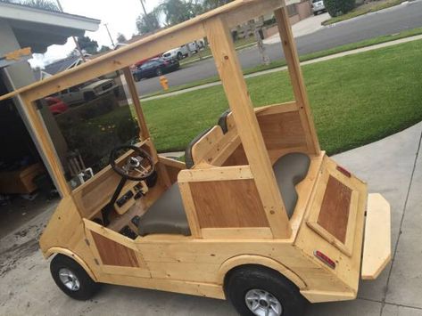 Wooden Golf Cart | River Daves Place Golf Diy, Woody Wagon, Cool Dude, Driving Range, Small Engine, Golf Cart, Golf Carts, His Hands, Wooden Toy Car