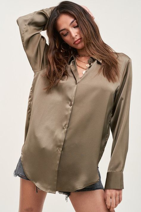 Luxury Silk Short Sleeve Shirt, Silk Button Down Shirt Open, Satin Tank Top Outfit, Satin Undershirt, Tara Dress, Levis Outfit, Satin Tank Top, Silky Blouse, Skirt Jumpsuit