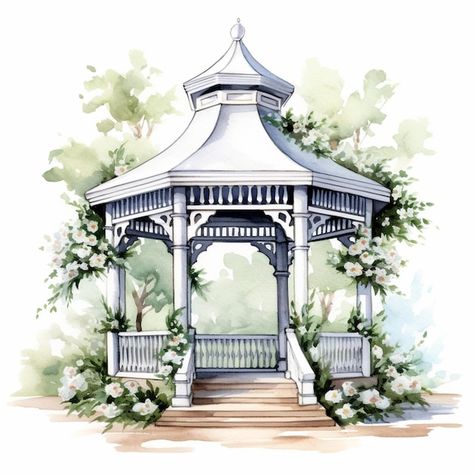 Gazebo Tattoo, Gazebo Drawing, Backyard Drawing, Gazebo Art, Imaginary Drawing, Garden Drawings, British Buildings, Flower Garden Drawing, Garden Sketch