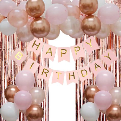 PRICES MAY VARY. Package and Size: Includes 2 x rose gold fringe curtains (3.28ftx8.2ft), 1 x pink Happy Birthday banner, 50pcs 12 inch balloons. The 50pcs 12 inch balloons includes rose gold balloons, light pinkballoons, white balloons and metallic rose gold balloons. High Quality Pink Birthday Decorations: rose gold and pink birthday decorations are made of high qualitylatex, synthetic foil and card paper, sturdy string and long-lasting color and coating, easy to assemble and will not burst ea Rose Gold Birthday Theme Ideas, Pink White And Gold Birthday Party Ideas, Pink And Brown Birthday Party, Pink And White Balloon Decorations, Pink And Gold Themed Birthday Party, Pink White And Gold Party Decoration, Pink Gold And White Party Decoration, Rose Gold Theme Birthday, Gold And Pink Birthday Party