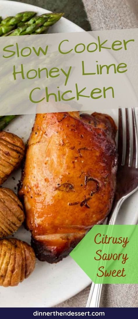 Slow Cooker Honey Lime Chicken is a delicious dinner with just 4 ingredients. Sweet and tangy chicken thighs with crispy skin in the crockpot! Sweet And Tangy Chicken, Tangy Chicken, Crockpot Chicken Thighs, Pregnancy Meal Plan, Slow Cooker Chicken Thighs, Honey Lime Chicken, Crock Pot Dinners, Roasted Chicken Thighs, Dinner Rotation