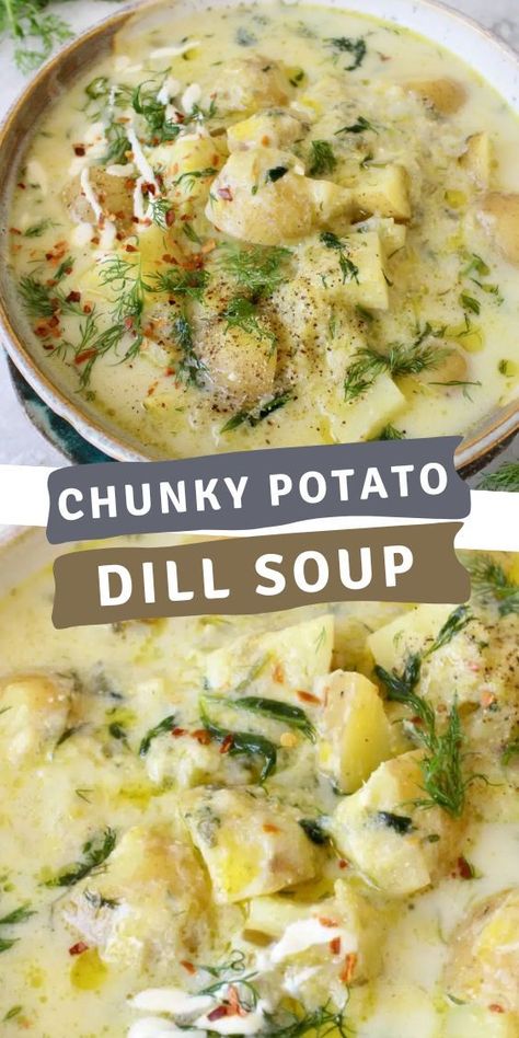 Potato Dill Soup, Dill Soup Recipe, Dill Soup, Spring Flavors, Vegan Potato Soup, Soups Stews Chilis, Potato Leek Soup, Vegan Sour Cream, Leek Soup