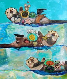 Sea Otters with Starfish in Gold and Green Waves - by Eli Halpin Eli Halpin, Otter Illustration, Otter Art, Sea Creatures Art, Kids Canvas Art, Sea Life Art, Sea Otters, Sea Otter, Owl Painting