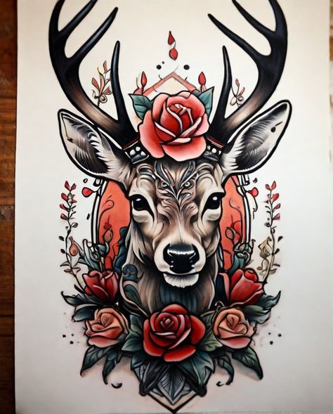 Old School Deer Tattoo, Neo Traditional Tattoos Women, Traditional Tattoo Woman, Western Tattoo, Tattoos 2023, Stag Tattoo, Traditional Sleeve, Western Tattoos, Deer Tattoo