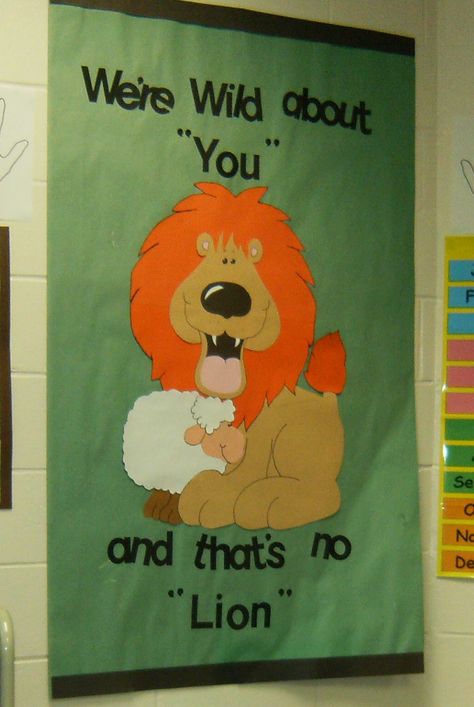 Lion Bulletin Board Ideas, Lion Bulletin Board, Teacher Appreciation Decorations, Math Interventionist, Library Party, Cute Bulletin Boards, Library Bulletin Board, Birthday Bulletin Boards, Infant Classroom