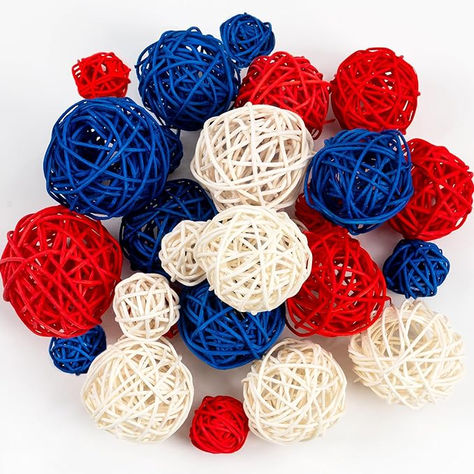 You will get 24pcs red, white and blue rattan balls decorative includes 3pcs 2.3” rattan balls, 12pcs 2” rattan balls, and 9pcs 1.2” rattan balls, providing ample quantities and various sizes to meet your Independence Day decoration needs. Create a strong festive atmosphere and showcase your patriotic pride.  As an Amazon Associate I earn from qualifying purchases. Red White And Blue Decorations, Blue Decorations, Basket Fillers, Ball Decorations, Americana Decor, 4th Of July Decorations, Diy Vase, Bowl Fillers, Veterans Day