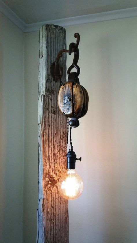 Old Wood Pulley Ideas, Lights Made From Old Pulleys, Steampunk Lighting Fisherman With Fishing Pole, Pulley Lamps, Pulley Light, Pottery Barn Living Room, Fishing Pipe Lamp, Wood Hanging Lamp Rustic Smasll, Wood Light Fixture