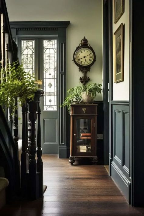 1900 Home Interior, 1900 House Interior, 1900s House Interior Design, 1900 House Interior Decor, Gothic Entryway, 1900s Decor, Dark Hallway Ideas, Edwardian Decor, Hallway Colour Schemes