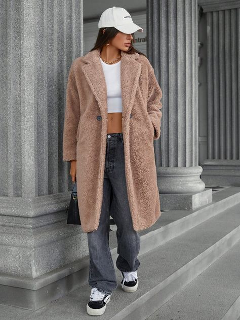 Oversized Teddy Borg Double-Breasted Lapel Pocket Long Faux Fur Coat Camel Casual  Long Sleeve Woven Fabric Plain  Non-Stretch Fall/Winter Women Clothing, size features are:Bust: ,Length: ,Sleeve Length: Long Sherpa Jacket Outfit, New York Fall Fashion, Long Faux Fur Coat, Girls Snow Boots, Shapewear Tops, Ankle Socks Women, New York Fall, Slides Women, Shearling Coat