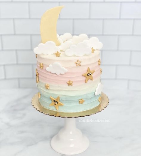 Gender Reveal Cloud Cake, Over The Moon Gender Reveal, On Cloud 9 Birthday Cake, Cloud Theme Cake, Twinkle Twinkle Gender Reveal Cake, Two The Moon Cake Girl, Cake With Clouds And Stars, Gender Reveal Food Table, Gender Reveal Cake Moon And Stars