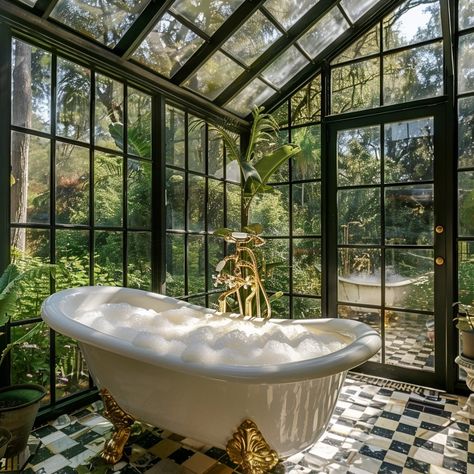 Bathtub Greenhouse, Green House With Bath Tub, Greenhouse Bathroom, Rain Shower Bathtub, Green Clawfoot Tub Bathroom, Self Care Room, Clawfoot Tub Bathroom Plants, Outdoor Clawfoot Tub, Spanish Cottage