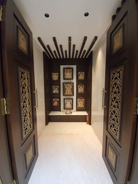 Small traditional indian puja room Puja Room Design Indian Traditional, South Indian Pooja Room, Indian Puja Room, Puja Room Design Indian, Mandir Designs, Mandir Design, Pooja Room Design, Puja Room, Pooja Room