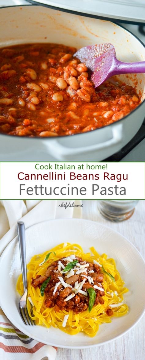 Cannellini Beans Ragu Fettuccine Pasta - Meatless and hearty Italian Dinner at home! Bean Ragu, Vegan Munchies, Canellini Beans, Ragu Pasta, Veggie Protein, Cannellini Beans Recipes, Dinner Kids, Orange Punch, Vegan Pasta Dish