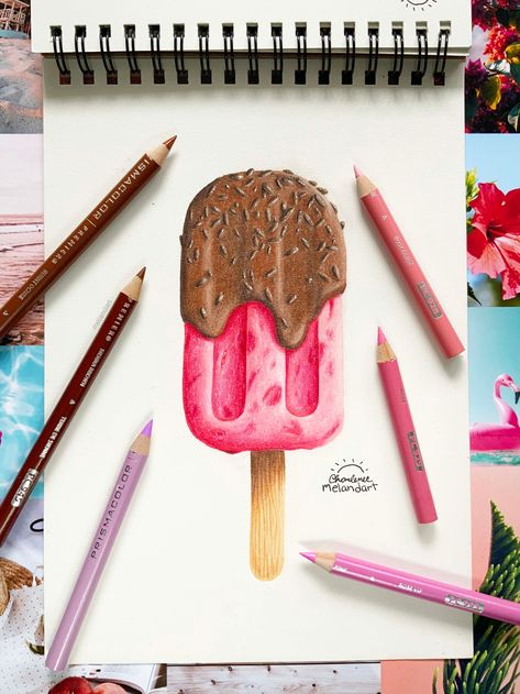 Food Realistic Drawing, Realistic Colour Pencil Drawings, Popsicle Drawing, Pencil Colour Painting, Colored Pencil Artwork Ideas, Candy Drawing, Pencil Inspiration, Color Pencil Sketch, Color Pencil Illustration