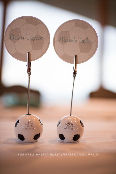 soccer ball picture holders with bride and grooms name and wedding date included | Rebecca Ellison Photography | Seattle Wedding Photographer | www.rebeccaellison.com Soccer Theme Wedding, Golf Ball Seating Chart Wedding, Golf Ball Wedding Favors, Quinceañera Decor, Soccer Wedding, Football Wedding Theme, Hockey Wedding, Football Wedding, Wedding Collage