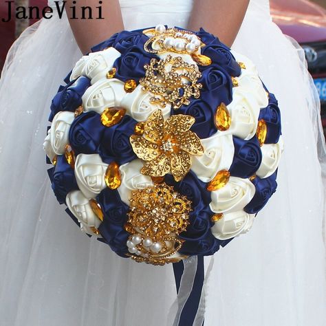 JaneVini Luxury Satin Rose Flowers Bouquet Brides Navy Blue Wedding Bouquet With Gold Crystal Diamond Artificial Bridal Bouquet Navy Blue Wedding Bouquets, Cream Wedding Flowers, Vintage Bridal Bouquet, Artificial Bridal Bouquets, Wedding Flowers Roses, Bridal Bouquet Blue, Blue Wedding Bouquet, Gold Crystals, Celestial Wedding