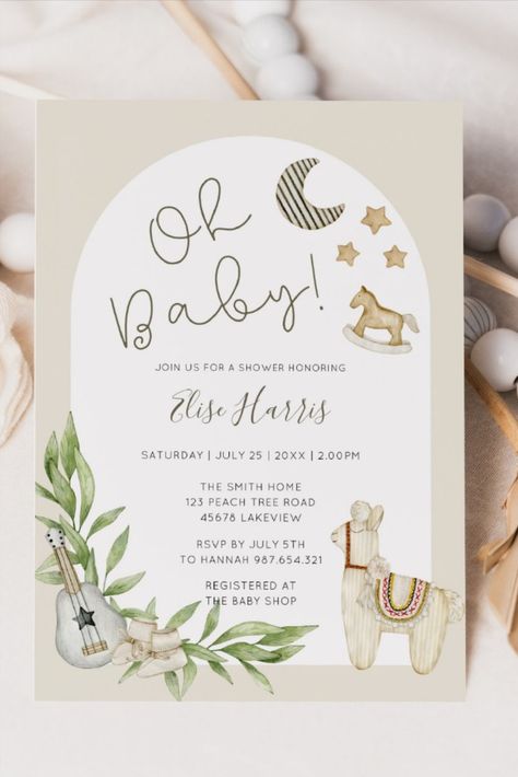 Oh Baby Vintage Toys Gender Neutral Baby Shower Invitation Celebrate the mom-to-be with this cute whimsical gender neutral baby shower invitation featuring a watercolor illustration of vintage toys, baby shoes, a guitar and an arch with eucalyptus greenery and a llama! #babyshower #babyshowersgifts #babyshowercards #babyshowerparty #newborn #llama #vintage Dreamy Nursery, Vintage Baby Shower, Gender Neutral Baby Shower Invitations, Leaves Illustration, Baby Shower Invites, Oh Baby, Baby Shower Cards, Gender Neutral Baby Shower, Neutral Baby Shower