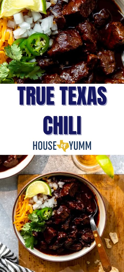 True Texas Chili. This authentic chili recipe results in tender, flavorful chunks of meat coated in chili sauce that has just the right amount of smoky heat. Learn all you need to know to create an Award Winning True Texas Chili and how to customize it to make it your own. Authentic Texas Chili Recipe, Best Chili Recipe Award Winning Crockpot, Chili Spice Recipe, Texas Chili Recipe Award Winning, Authentic Chili Recipe, Chilis Restaurant Recipes, Authentic Texas Chili, Texas Red Chili, Red Chili Recipes