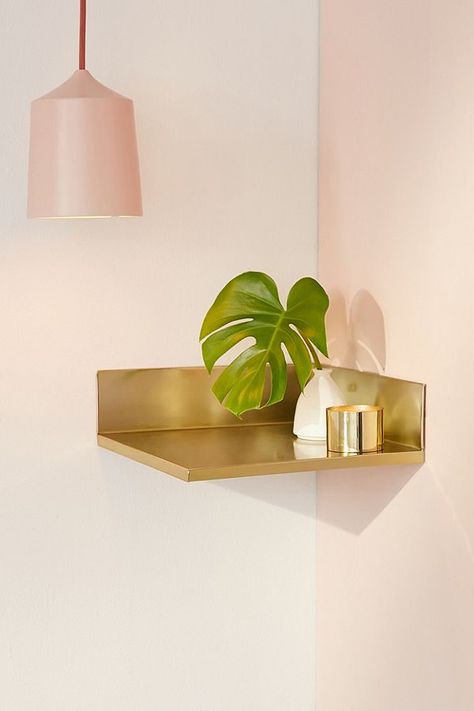 Small Corner Shelf, Urban Outfitters Room, Dark Apartment, Portland Apartment, Corner Wall Shelf, Gold Shelf, Bathroom Corner Shelf, House Shopping, Corner Wall Shelves